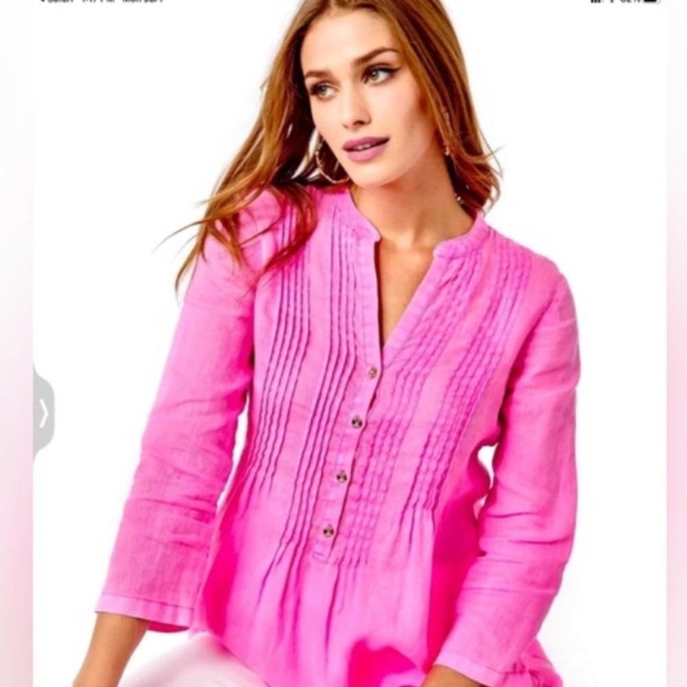 New Lilly Pulitzer Pink Linen Tunic Blouse 3/4 Sleeve Garment Dyed Small